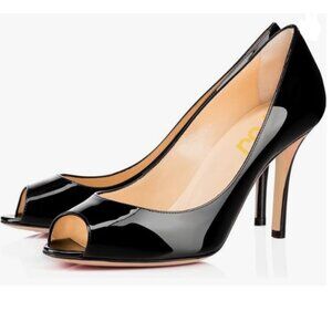 FSJ Black Flattering Peep Toe Party Dress Shoes Glossy Patent High Heel Pumps